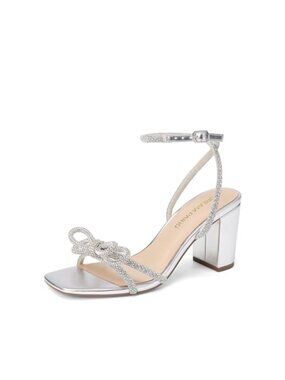 Women's Rhinestone Bow Block Heel Slingback Sandals Square Toe Ankle Buckle